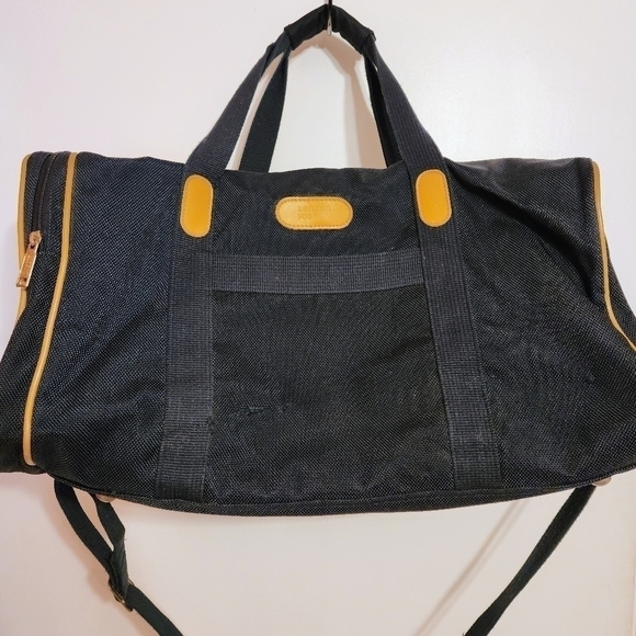 London Fog Vintage Large Weekender Duffle Bag Navy and Tan - Picture 3 of 13